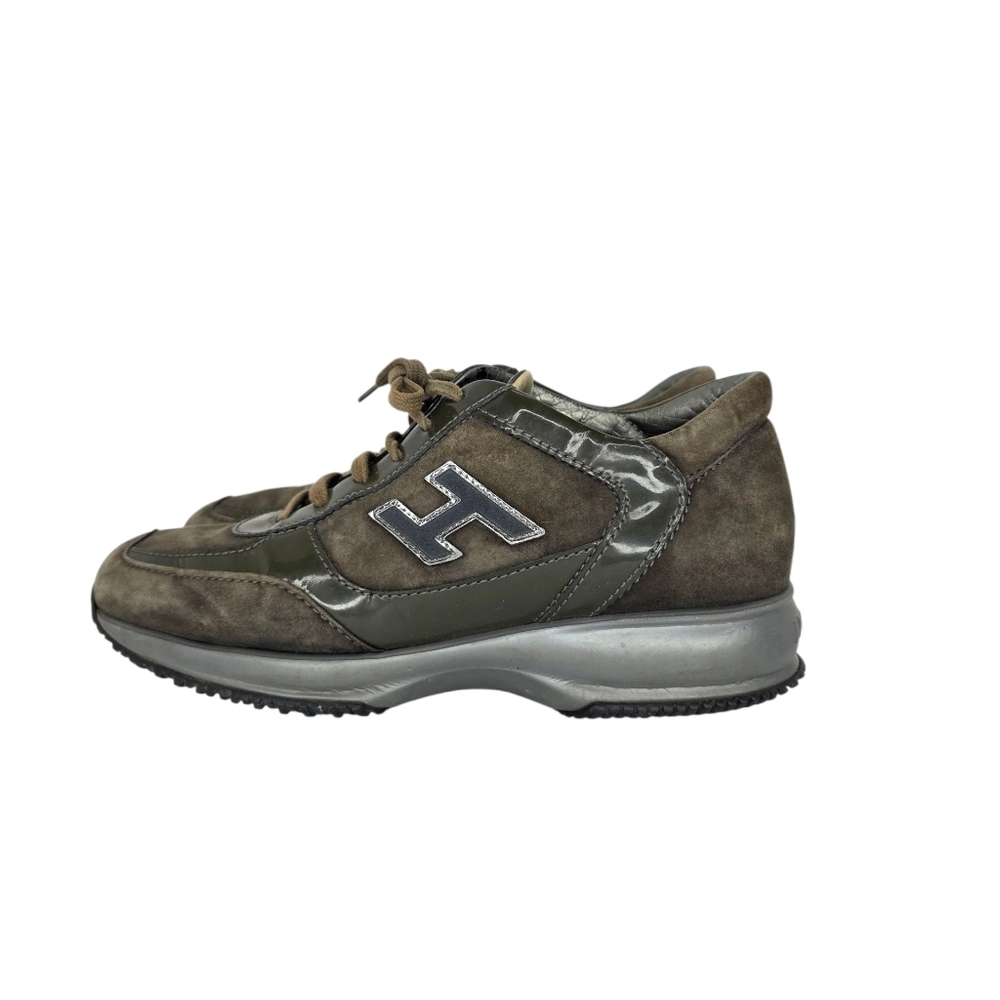 Hogan Interactive Suede Patent Leather Sneakers Womens Almond Toe H Logo 38 1/2